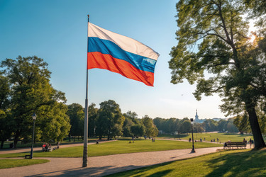 Российский флаг гордо развевается в солнечном парке. Генеративный искусственный интеллект - RomanZ