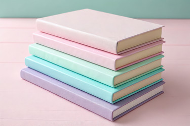 Разноцветная стопка пастельных книг на нежно-розовой поверхности. Генеративный ИИ - RomanZ