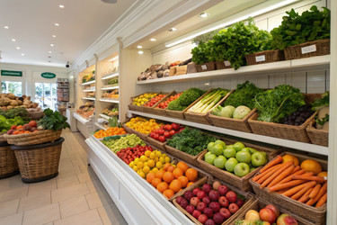 Свежие фрукты и овощи в хорошо укомплектованном продуктовом магазине. Генеративный искусственный интеллект - RomanZ