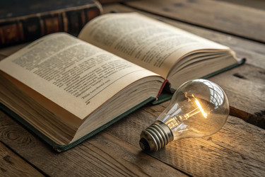 Открытая книга рядом с лампочкой на деревенском деревянном столе. Генеративный ИИ - RomanZ