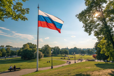 Российский флаг развевается в солнечном парке в прекрасный день. Генеративный ИИ - RomanZ