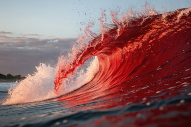Яркая красная волна эффектно разбивается о берег на закате. Генеративный ИИ - RomanZ