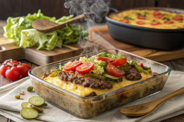 Вкусная низкоуглеводная запеканка с чизбургером, подается горячей с добавками. Генеративный искусственный интеллект - RomanZ