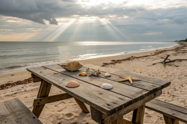 Деревянный стол, украшенный ракушками, от Tranquil Beachside Generative AI - RomanZ