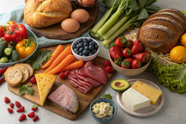 Вкусный ассортимент свежих продуктов, разложенных на столе. Генеративный искусственный интеллект - RomanZ
