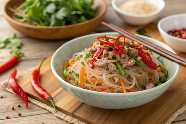 Острый салат из стеклянной лапши с рубленым свиным мясом и свежим перцем чили. Генеративный искусственный интеллект - RomanZ