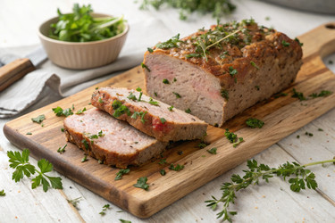 Нарезанный мясной рулет, украшенный зеленью, на деревянной разделочной доске. Генеративный ИИ - RomanZ