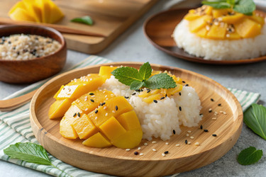 Вкусный тайский десерт из клейкого риса с манго, подаваемый на деревянной тарелке. Генеративный искусственный интеллект - RomanZ