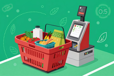 Красная корзина, наполненная продуктами, на кассе самообслуживания с таймером, созданная с помощью генеративного искусственного интеллекта - RomanZ
