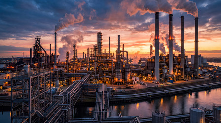 Нефтеперерабатывающий завод на закате: индустриальный пейзаж с дымящимися трубами и сложной сетью трубопроводов - zemlyansky32