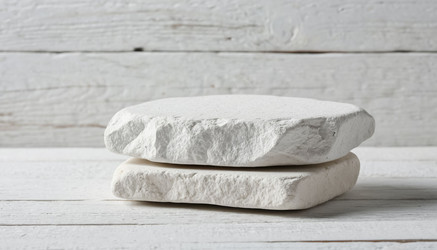 Natural white stone on white wooden table — minimalist monochrome aesthetic for product ads. Clean, organic, and timeless - Nik.Alex