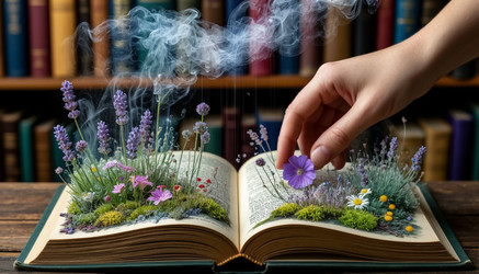В книге представлена футуристическая 3D-проекция: газон с травой и цветами, с которым взаимодействует рука - Nik.Alex