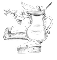 Кувшин, ветка черемухи, масло и сыр. Иллюстрации ручной работы, выполненные карандашом на тему фермы. Для оформления открыток, обложек, принтов, этикеток для товаров и тканей - Lizyaeva_art