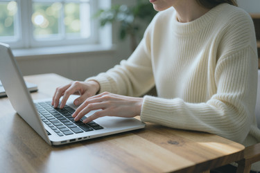 Женщина печатает на клавиатуре ноутбука, работая в домашнем офисе - DragonImagesAsia