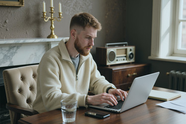 Сосредоточенный мужчина, работающий за портативным компьютером за столом домашнего офиса - DragonImagesAsia