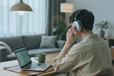 Азиат в наушниках работает за ноутбуком в домашнем офисе - DragonImagesAsia