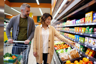 Мужчина средних лет и латиноамериканская женщина делают покупки в продуктовом магазине - Pressmaster