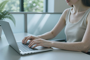 Женщина печатает на клавиатуре ноутбука, работая в современном офисе - DragonImagesAsia