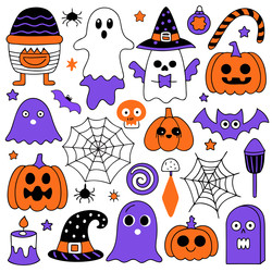 нарисованная от руки графика жуткого сезона с изображением черных кошек, призраков, фонарей джека и различных декоративных осенних элементов на белом фоне - alexzel21