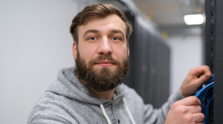 Сосредоточенный ИТ-специалист, подключающий сетевые кабели внутри серверной стойки в проходе современного дата-центра, в толстовке с капюшоном, с бородатым профилем, прохладным освещением и небольшой глубиной резкости - Neirfy