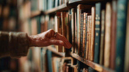 Крупный план: левая рука, снимающая книгу в твердом переплете с деревянной книжной полки в теплом библиотечном проходе, мягкий рассеянный свет, неглубокий фокус, текстурированные корешки, спокойная атмосфера кабинета, вертикальная композиция - Neirfy