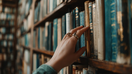 Крупный план: левая рука, снимающая книгу в твердом переплете с деревянной книжной полки в теплом библиотечном проходе, мягкий рассеянный свет, неглубокий фокус, текстурированные корешки, спокойная атмосфера кабинета, вертикальная композиция - Neirfy