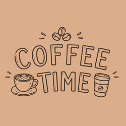 Векторная иллюстрация Coffee time с изображением чашки латте и кофейной чашки на вынос, окруженной кофейными зернами. Простой линейный дизайн идеально подходит для проектов на кофейную тематику - OLiAN_ART