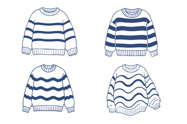 Векторная иллюстрация, демонстрирующая четыре дизайна свитеров в полоску. Каждый свитер украшен уникальным рисунком в синюю полоску, предлагающим разнообразные фасоны для различных предпочтений - OLiAN_ART