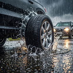 Летящая сломанная автомобильная шина разбрызгивает воду во время сильного дождя по мокрой дороге - Kulkann75