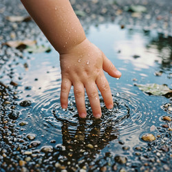 Рука ребенка касается поверхности лужи, создавая рябь и капли воды - Kulkann75