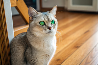 Кошка с поразительными зелеными глазами, сидящая на деревянном полу, порождающая Искусственный интеллект - RomanZ