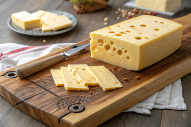Аппетитный брусок сыра на деревянной разделочной доске Generative AI - RomanZ
