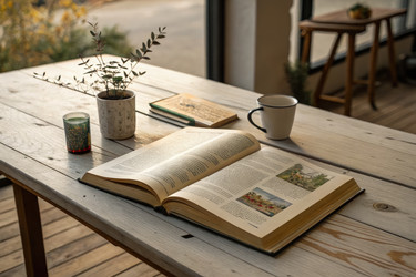 Открытая книга на деревянном столе в уютной обстановке порождающего ИИ - RomanZ