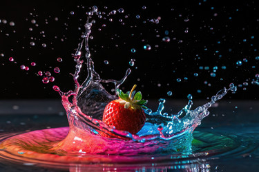 Яркие брызги воды с клубникой на темном фоне Порождающий ИИ - RomanZ