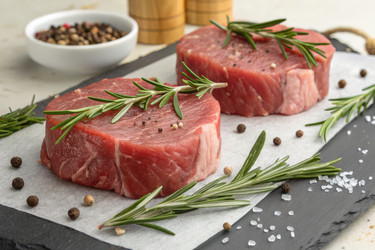 Свежее сырое мясо с розмарином на грифельной доске, оформленное Привлекательно - RomanZ