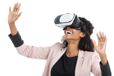 Женщина Наслаждается Опытом Виртуальной Реальности, Радостно улыбаясь Генеративному искусственному интеллекту - RomanZ