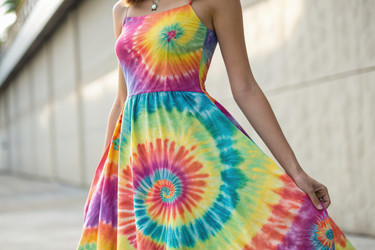 Красочное платье с рисунком Tie Dye, надетое на открытом воздухе при ярком солнечном свете, порождает искусственный интеллект - RomanZ