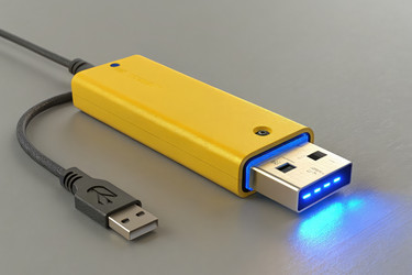 Ярко-желтое USB-устройство с синей подсветкой для детального просмотра Generative AI - RomanZ