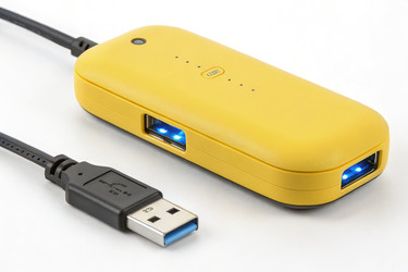 Ярко-желтое USB-устройство с синими светодиодными индикаторами и шнуром Generative AI - RomanZ