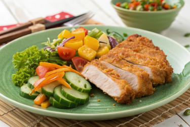 Сочная жареная свинина подается со свежими овощами на зеленой тарелке Generative AI - RomanZ