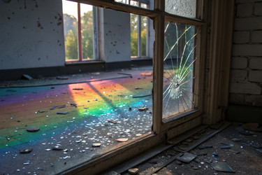 Разбитое стеклянное окно, Преломляющее Яркий Радужный свет В помещении, Порождающий Искусственный интеллект - RomanZ