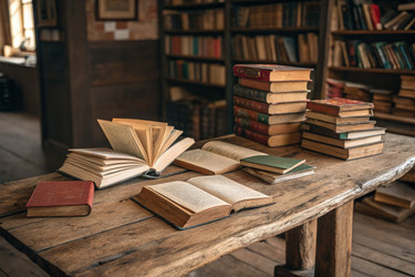 Деревянный стол, заполненный Множеством Старых и новых книг С Генеративным ИИ - RomanZ