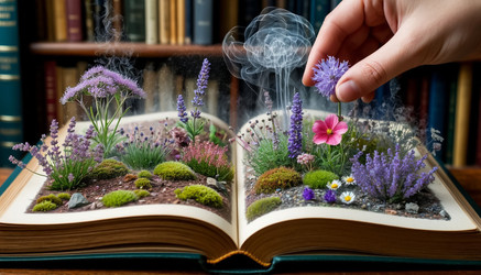 В книге показана футуристическая 3D-проекция: лужайка с травой и цветами, с которой взаимодействует рука - Nik.Alex
