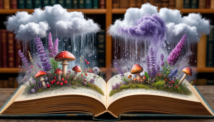 В книге показана футуристическая 3D-проекция: лужайка с травой, цветами и грибами под дождливыми облаками - Nik.Alex