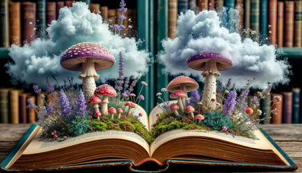 В книге показана футуристическая 3D-проекция: лужайка с травой, цветами и грибами под дождливыми облаками - Nik.Alex