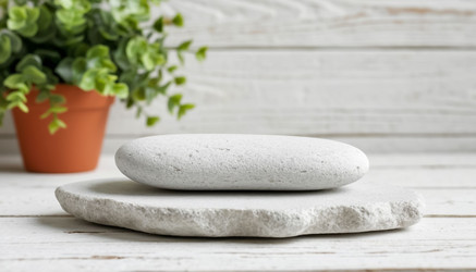 Natural white stone on white wooden table — minimalist monochrome aesthetic for product ads. Clean, organic, and timeless - Nik.Alex