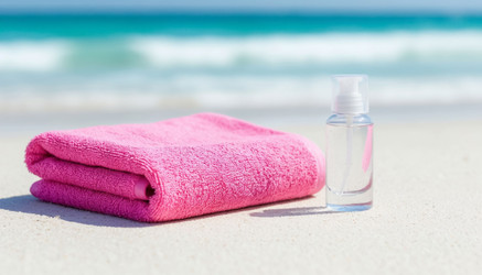 Pink towel and shower gel on white sand — the ultimate beach aesthetic. Fresh, summery, and stylish self-care in one shot - Nik.Alex