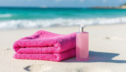 Pink towel and shower gel on white sand — the ultimate beach aesthetic. Fresh, summery, and stylish self-care in one shot - Nik.Alex