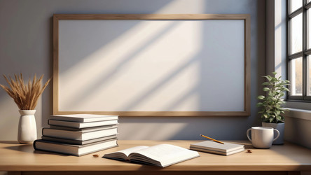 Школьный стол рядом со светлой минималистской стеной с книгами - Nik.Alex