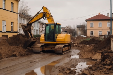 Желтый экскаватор убирает грунт. Землеройная машина. Генерировать искусственный интеллект - yliv